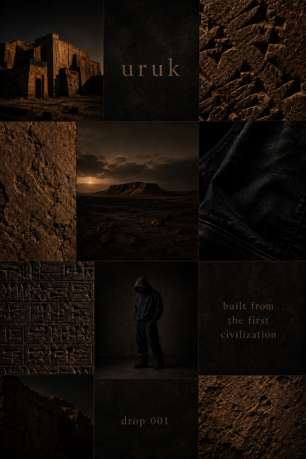 URUK dark bronze Mesopotamian moodboard with stone, ruins, desert and black fabric